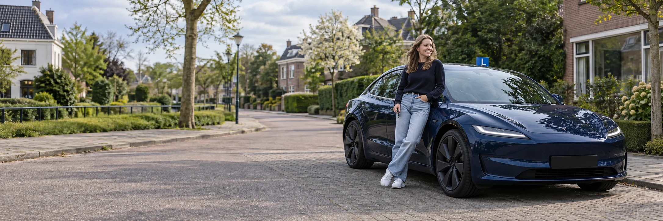 Illustratieve leerling naast een Tesla Model 3 Highland